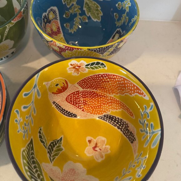 Set of 4 Flame Leaf by Anthropologie Bowls (Blue, Navy, Green, Yellow) 6" - Picture 3 of 4